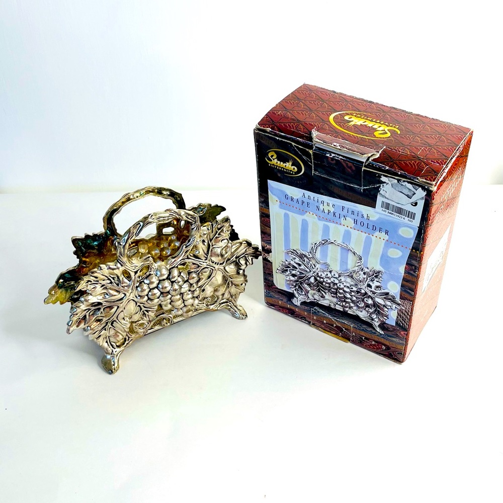 Vtg Napkin Holder Silver Plated Grape Vine 7" x 5"